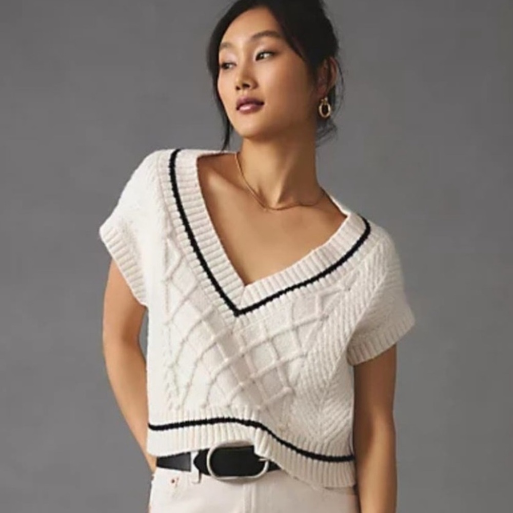 Anthropologie Maeve Willa Cable Knit Cropped V Neck Sweater Vest Medium White